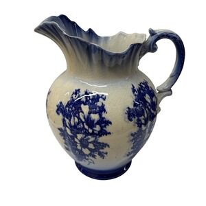 Antique Flow Blue Ironstone Pitcher Floral Ceramic Jug Victorian Farmhouse